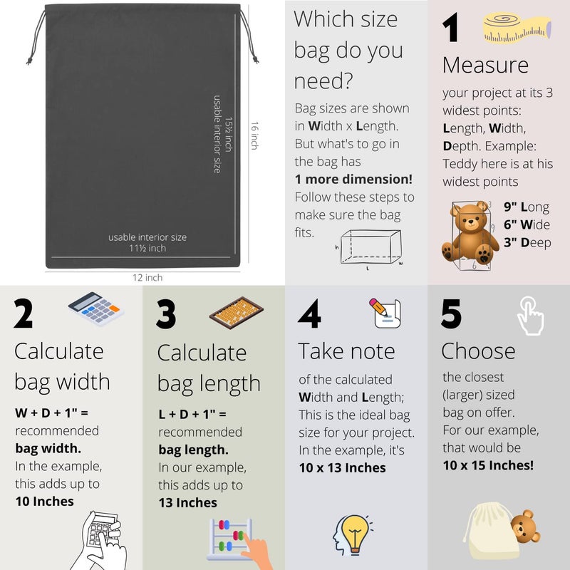 DR Black Cotton Drawstring Bags with Double String, For Pantry Gifts Kitchen Wardrobe (12 x 16 inch - 6 pack) - Image 2